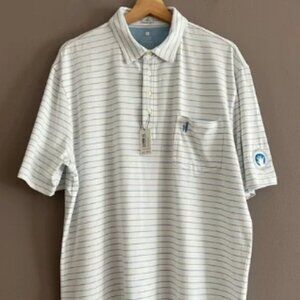 johnnie-O Original 4-Button Polo Stripes Golf White Gulf Blue Sz XL Logo